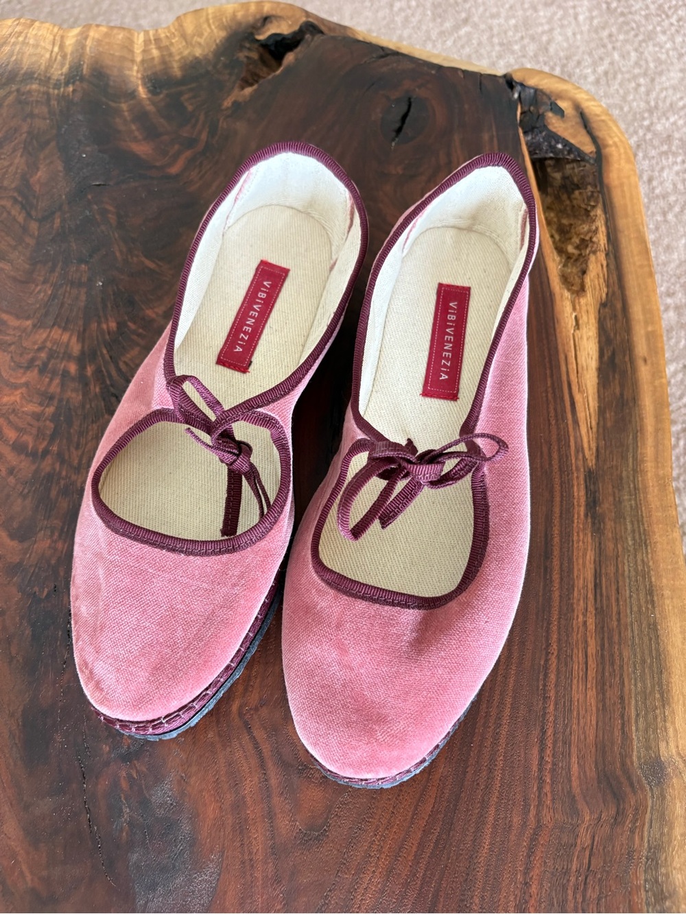 Vibi Venezia Pink Velvet Mary Jane Flats with Contrast Trim